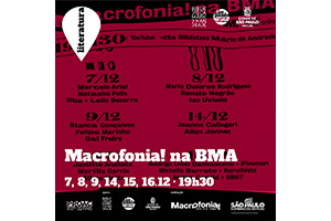 card com os dizeres "Macrofonia! na BMA" e informações sobre o evento