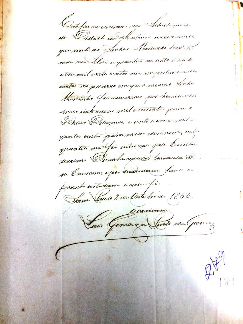 Assinatura de Luiz Gama como escrivão da subdelegacia do Distrito da Sé