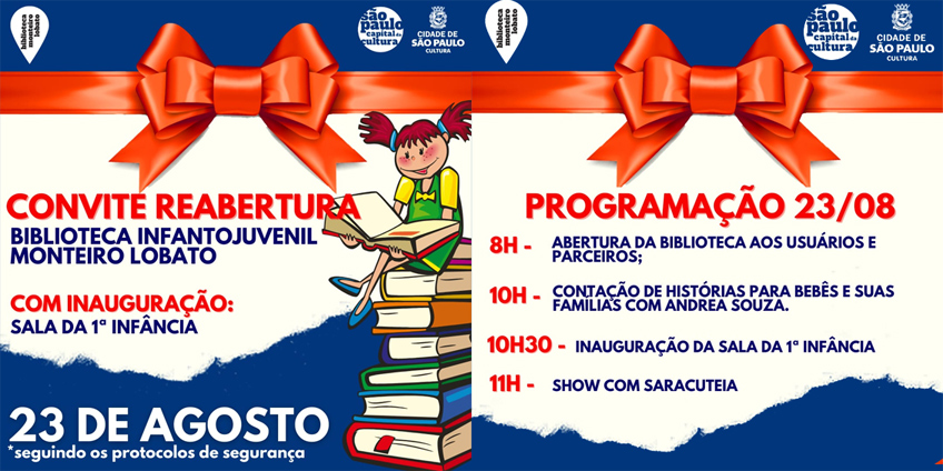 convite e programação da reabertura da Biblioteca Infantojuvenil Monteiro Lobato