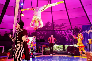 Interior de uma tenda de circo cor-de-rosa com artistas se apresentando. Uma mulher de collant branco se equilibra na lira, um homem de roupa listrada e chapeu apresenta o show e outros tres integrantes se espalham ao fundo