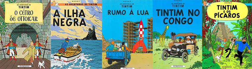 Capas de obras de Hergé com as aventuras de Tintin