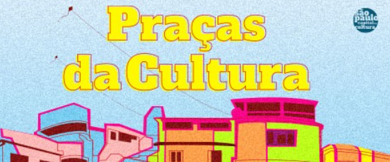 ilustração de cidade colorida com céu azul e escrito "praças da cultura"