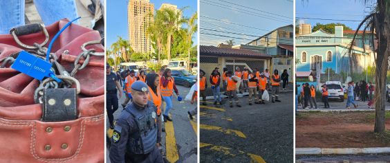 A imagem tem 4 quadros. Na primeira aparece o close de um lacre sobre um objeto aprrendido de couro não identificado na foto. Na segunda um policial escolta grupo de agent4s de colete laranja responsaveis pelas apreensões, notereiro quadro os agentes aparentem reunidos numa calçada como que esperandoo momento da ação e por último o grupo reaparece circulando na via.