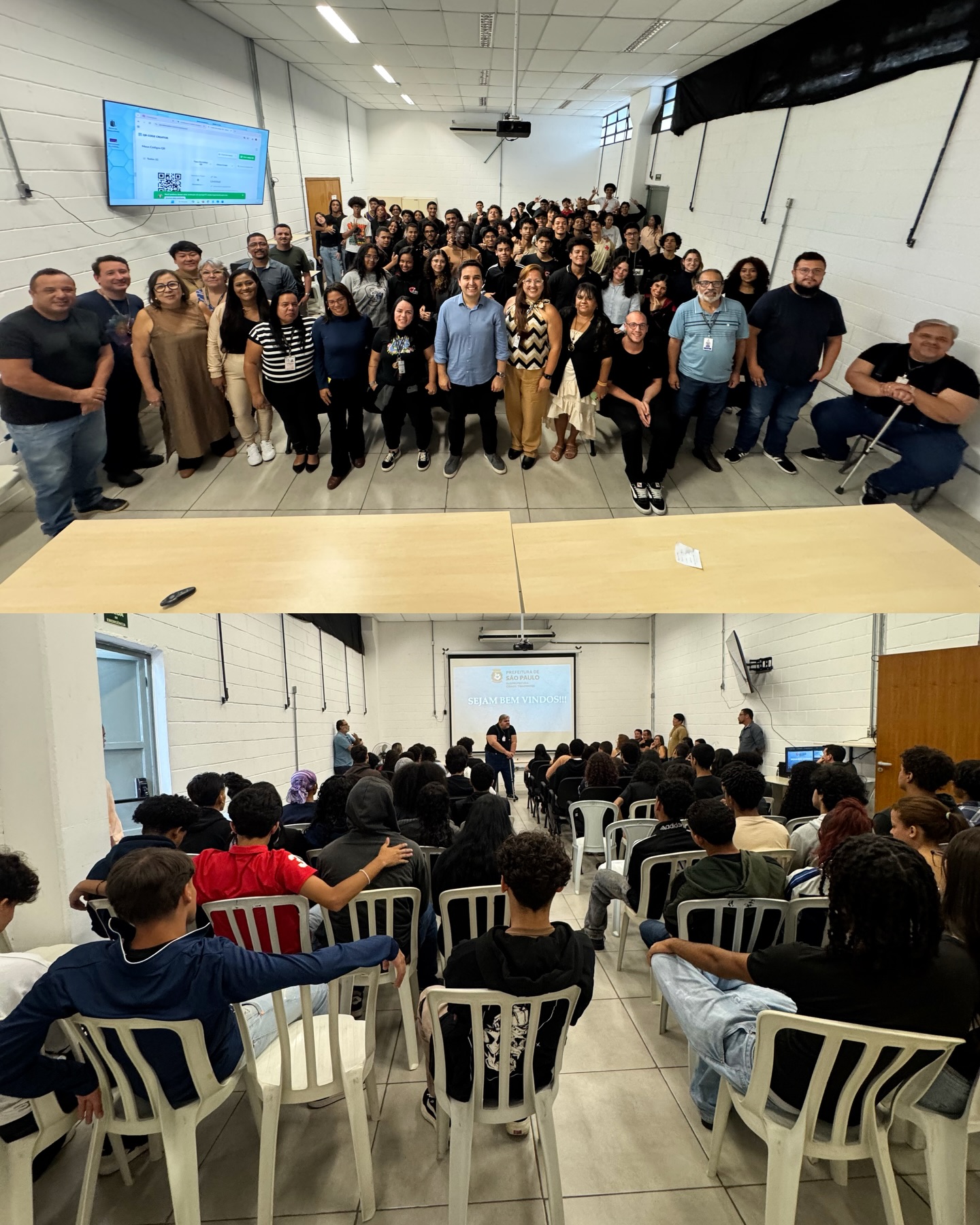 Na foto em dois momentos vemos acima um posicionamento amplo na sala do auditório com todos reunidos para a foto, e logo abaixo em outra foto estão os alunos sentados de costas, e na frente o palestrante. Ao fundo na parede um telão com o logotipo da prefeitura e uma frase dando boas vindas.