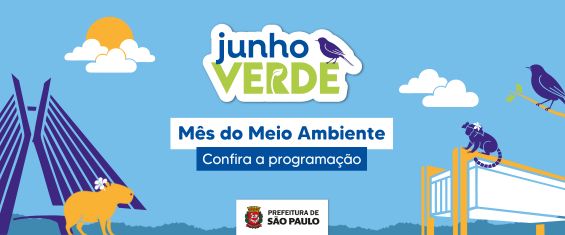 Imagem com fundo azul claro representando um céu, com desenhos de nuvens, sol e árvores ao fundo. Ao redor, há desenhos da Ponte Estaiada Octavio Frias de Oliveira e do MASP com animais como bugio, pássaro e capivara. No centro inferior da imagem, há o logo da Prefeitura de São Paulo. Acima do logo, há os seguintes dizeres 