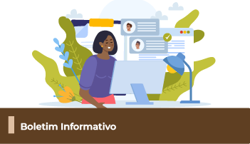 A imagem mostra uma ilustração de uma pessoa utilizando um computador, abaixo uma faixa com o texto 