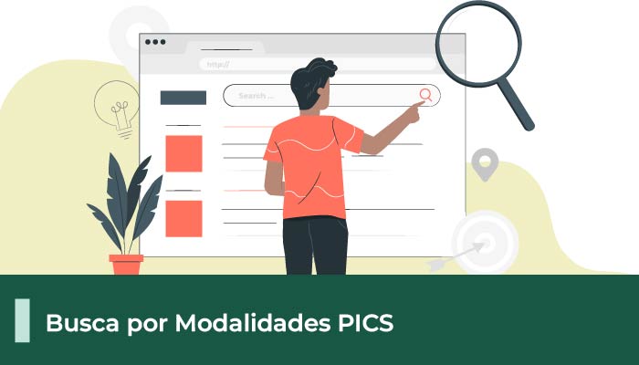 A imagem possui um fundo branco e verde, uma ilustração de um homem pesquisando, abaixo o texto 