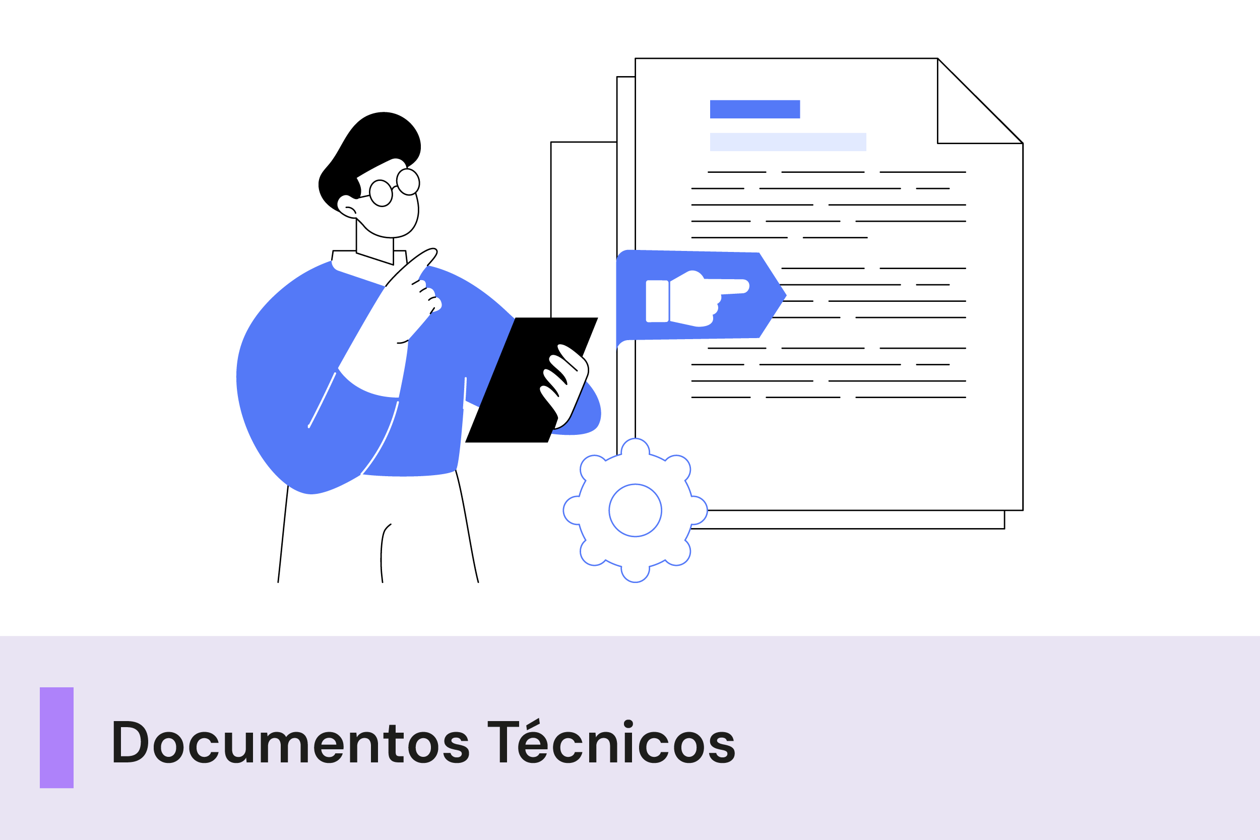 A imagem possui um fundo branco com uma ilustração de um homem com uma prancheta e um documento. Abaixo, uma faixa com o texto 