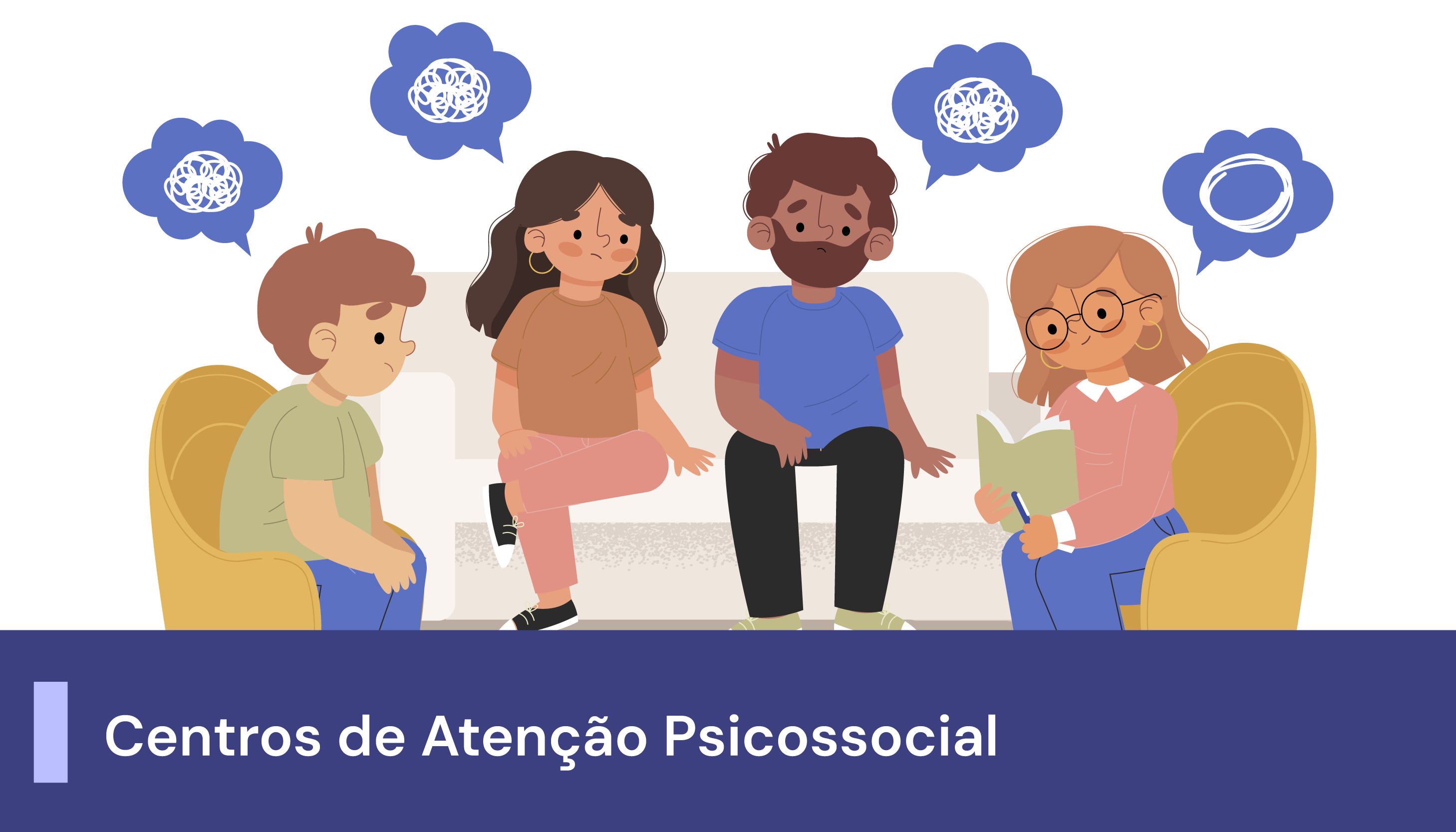 A imagem possui uma ilustração de pessoas reunidas conversando. Abaixo, uma faixa com o texto 