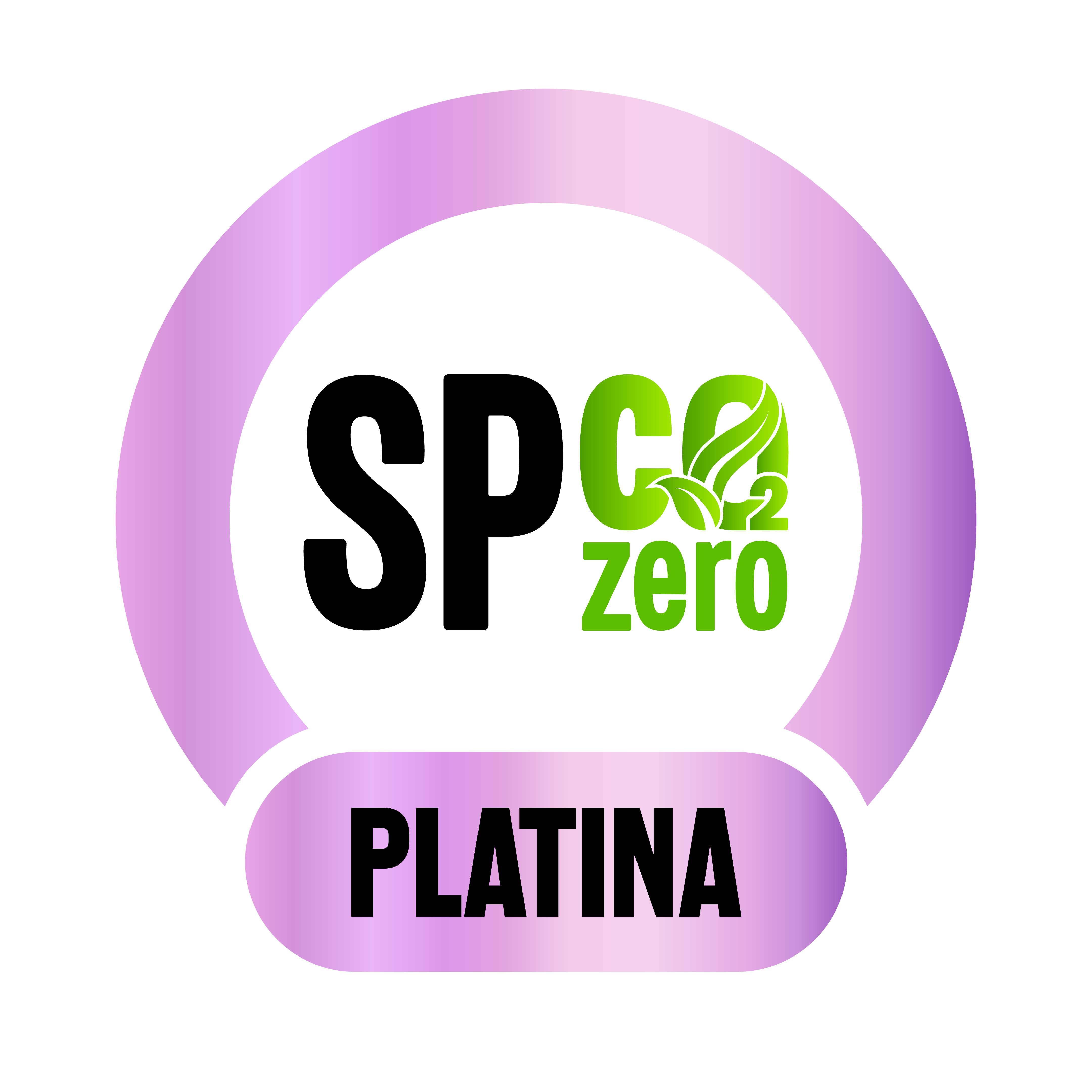 Imagem do Selo SP Carbono Zero PLATINA. Contém um meio circulo da cor roxa, ao meio tem as escritas "SP CO2 ZERO", de cor preta e verde. Na parte de baixo possui "platina" escrito de cor preta com o fundo na mesma tonalidade que o meio circulo. 