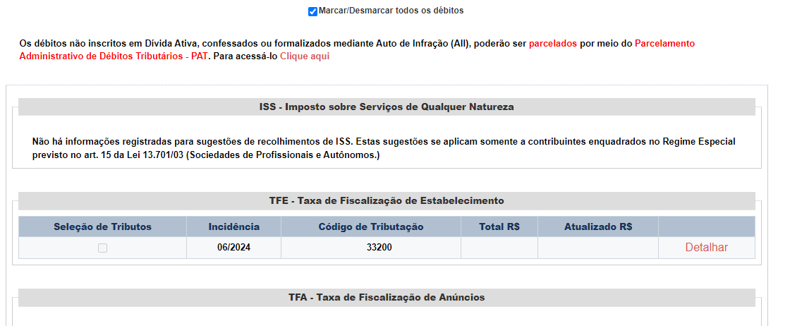 Para que o valor da taxa seja apresentado, clique em “Detalhar”