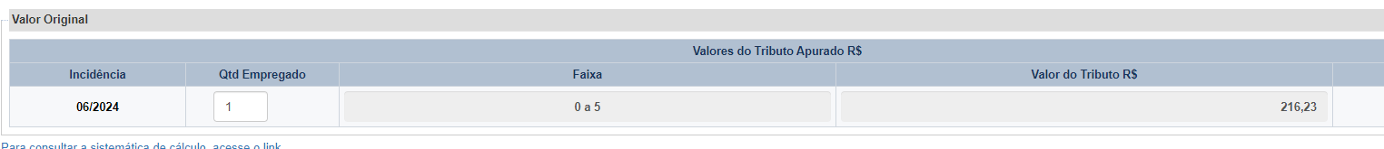 clique em “Calcular” para que o valor da TFE seja apresentado na tela inicial