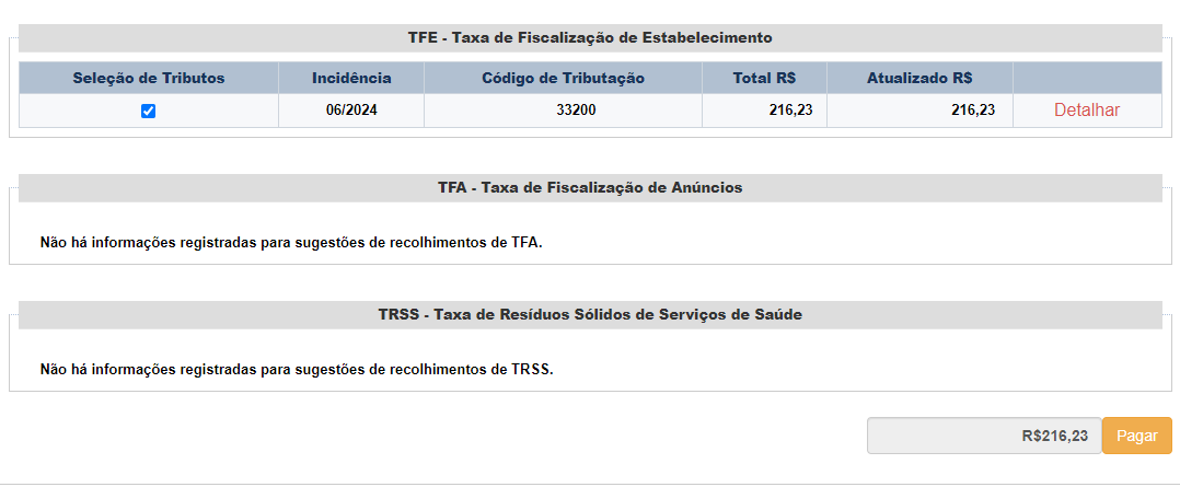 captura de tela para pagemento de tfe